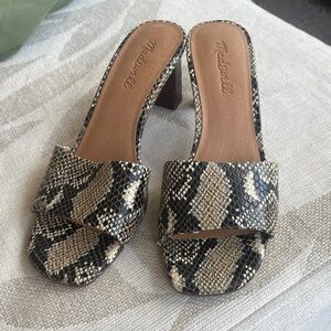 Madewell Leather Snake Print Mules in Black and Cream